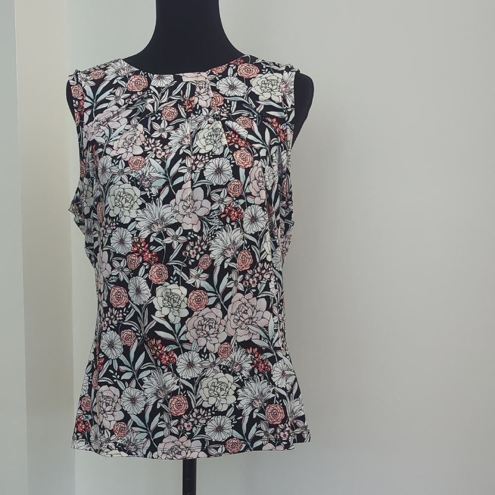Karl Lagerfeld Paris Sleeveless Floral Blouse Pleated High Neck Black Pink LARGE - Picture 4 of 8